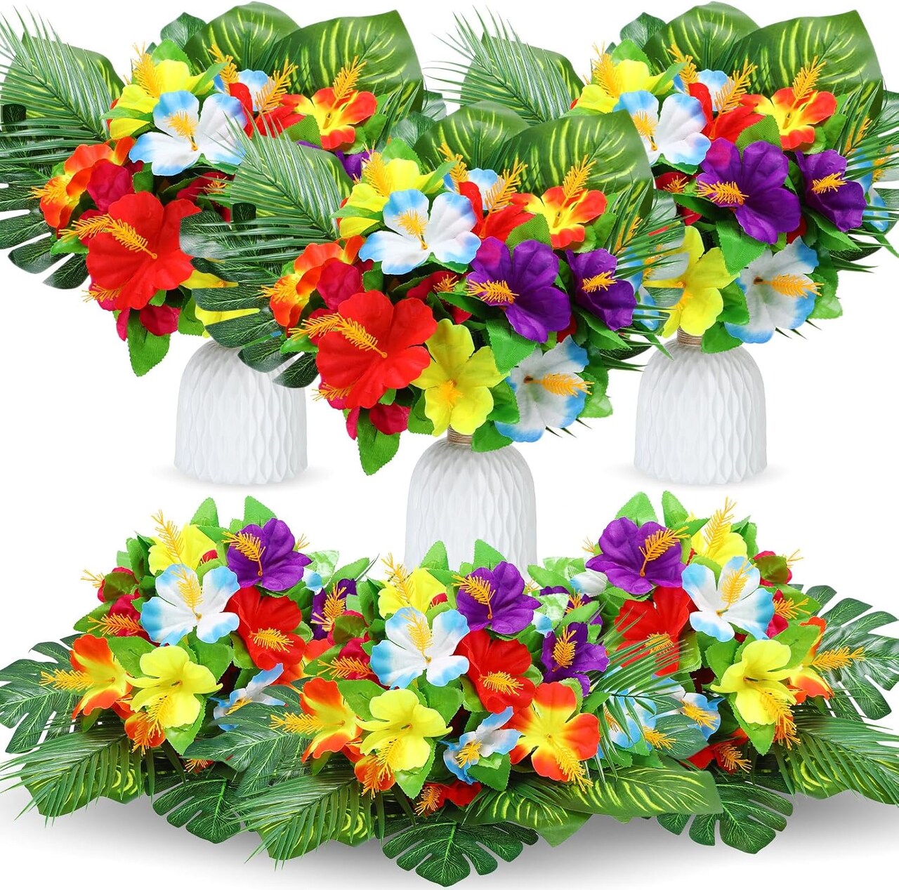 24-Piece Hawaiian Flower Table Centerpieces - Artificial Tropical Palm Leaves & Silk Hibiscus Flowers - Vibrant Luau Party Decorations for Safari, Jungle, Beach BBQ, and Summer Birthday Table Decor